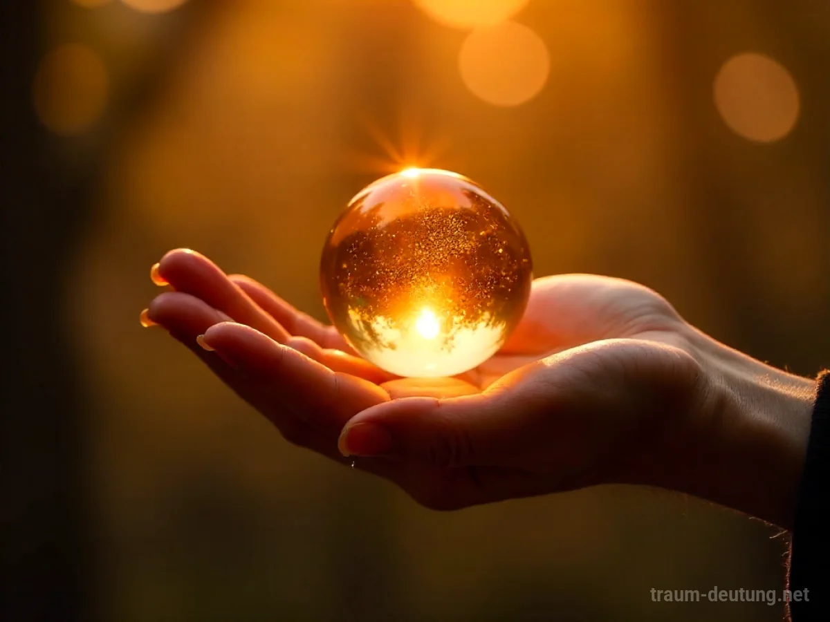 Eine Hand hält eine schimmernde goldene Kugel im warmen Licht.