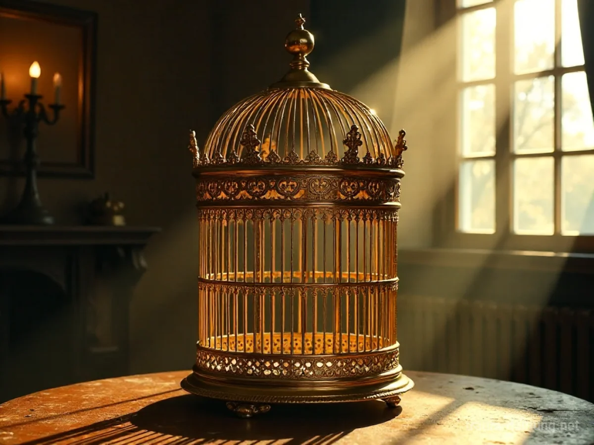 Ein goldener Vogelkäfig steht leer in einem Raum, beleuchtet von Sonnenlicht.