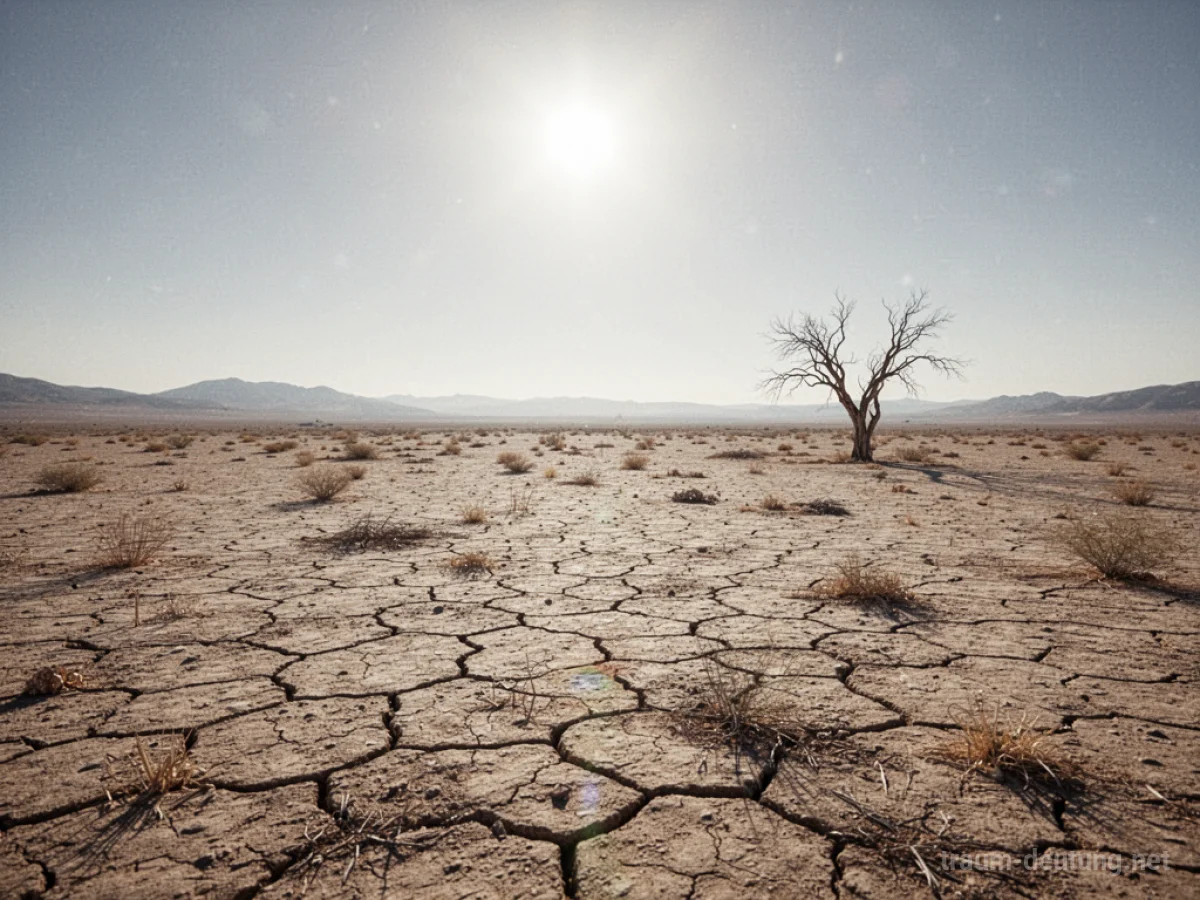 Weite, trockene Wüstenlandschaft mit rissigem Boden unter gleißender Sonne.