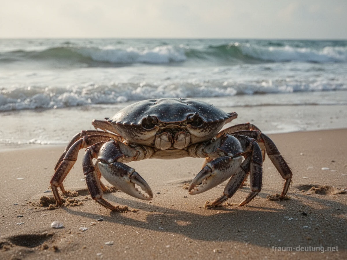 Eine große Krabbe mit Panzer steht am Strand.