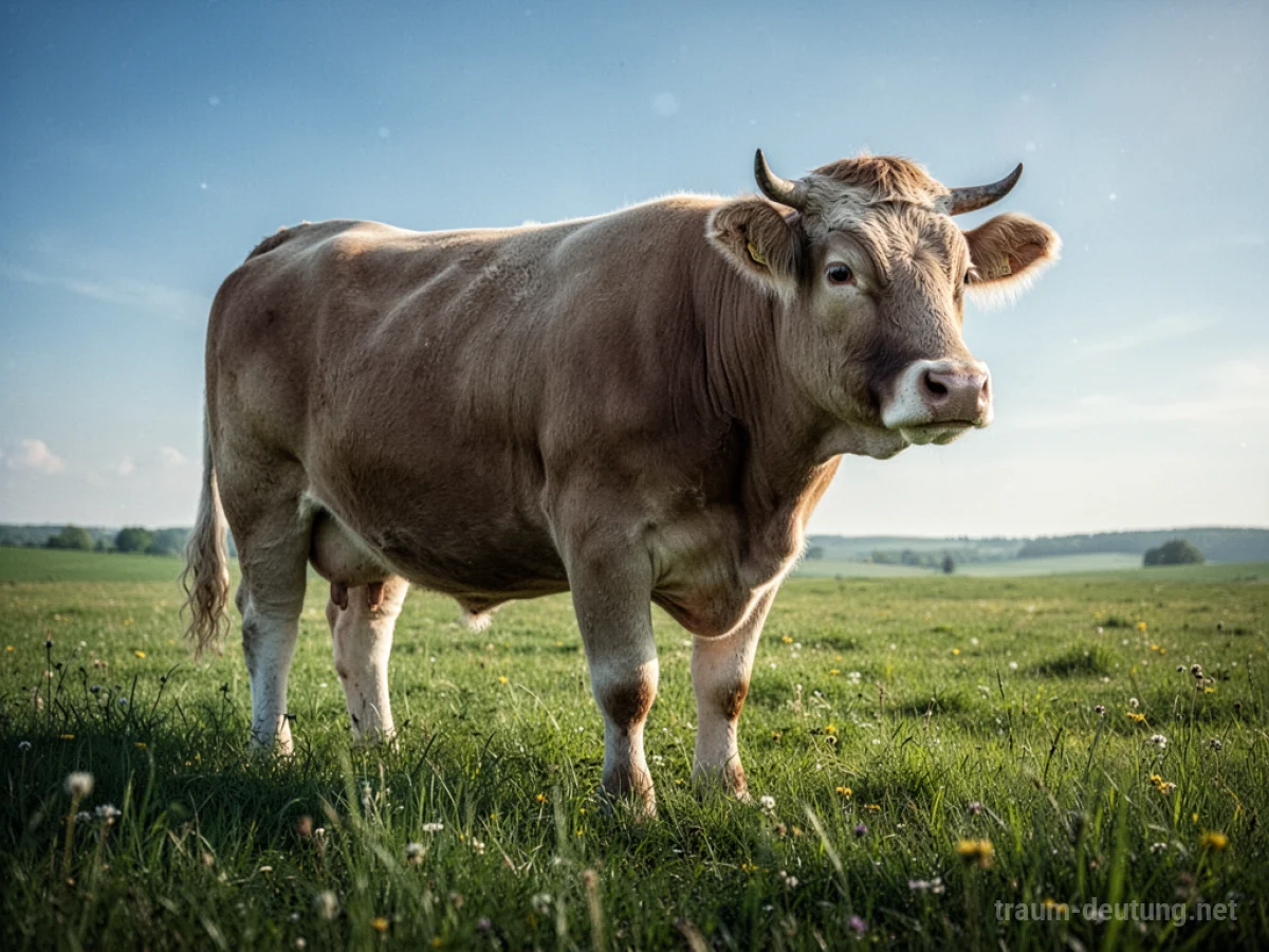 Eine riesige, ruhige Kuh steht auf einer grünen Wiese.