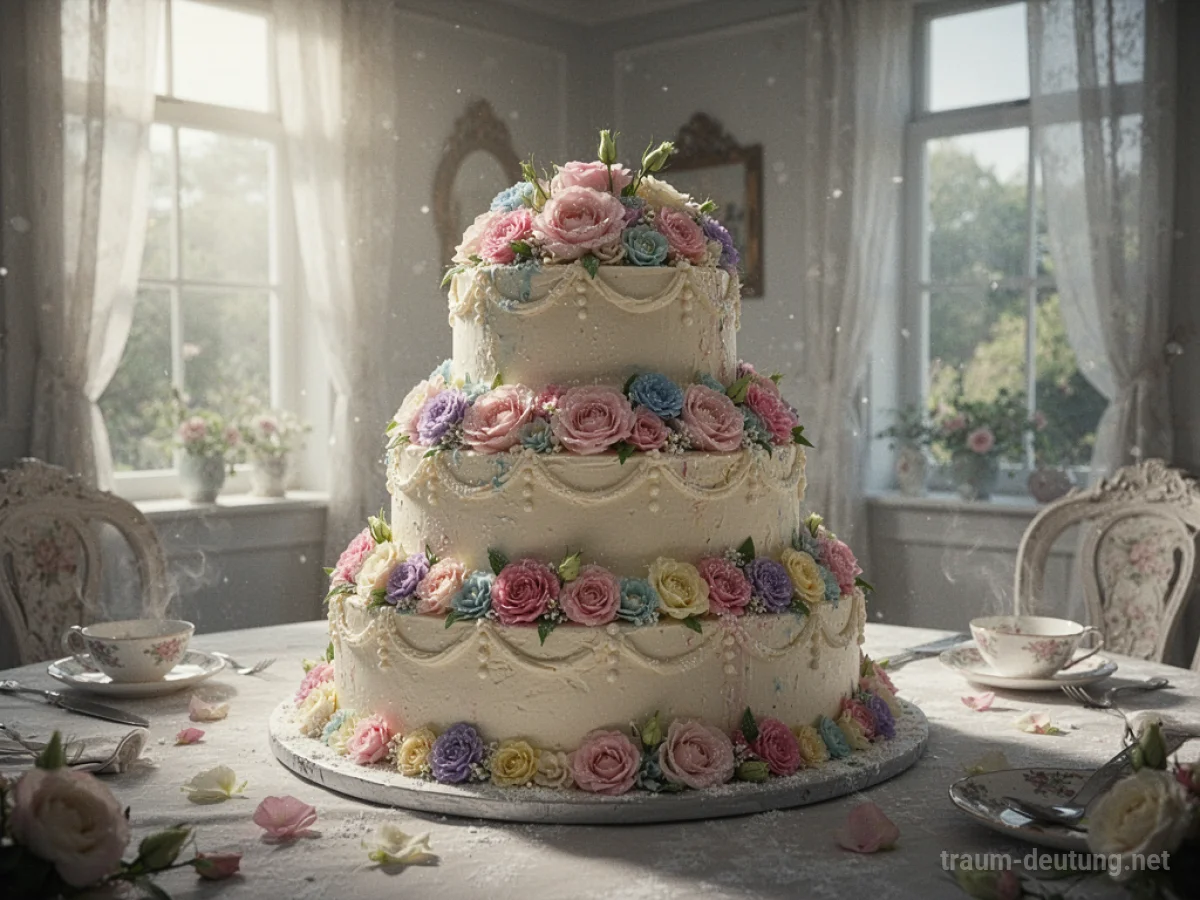 Ein üppig dekorierter, großer Kuchen auf einem Tisch in einem hellen Raum.