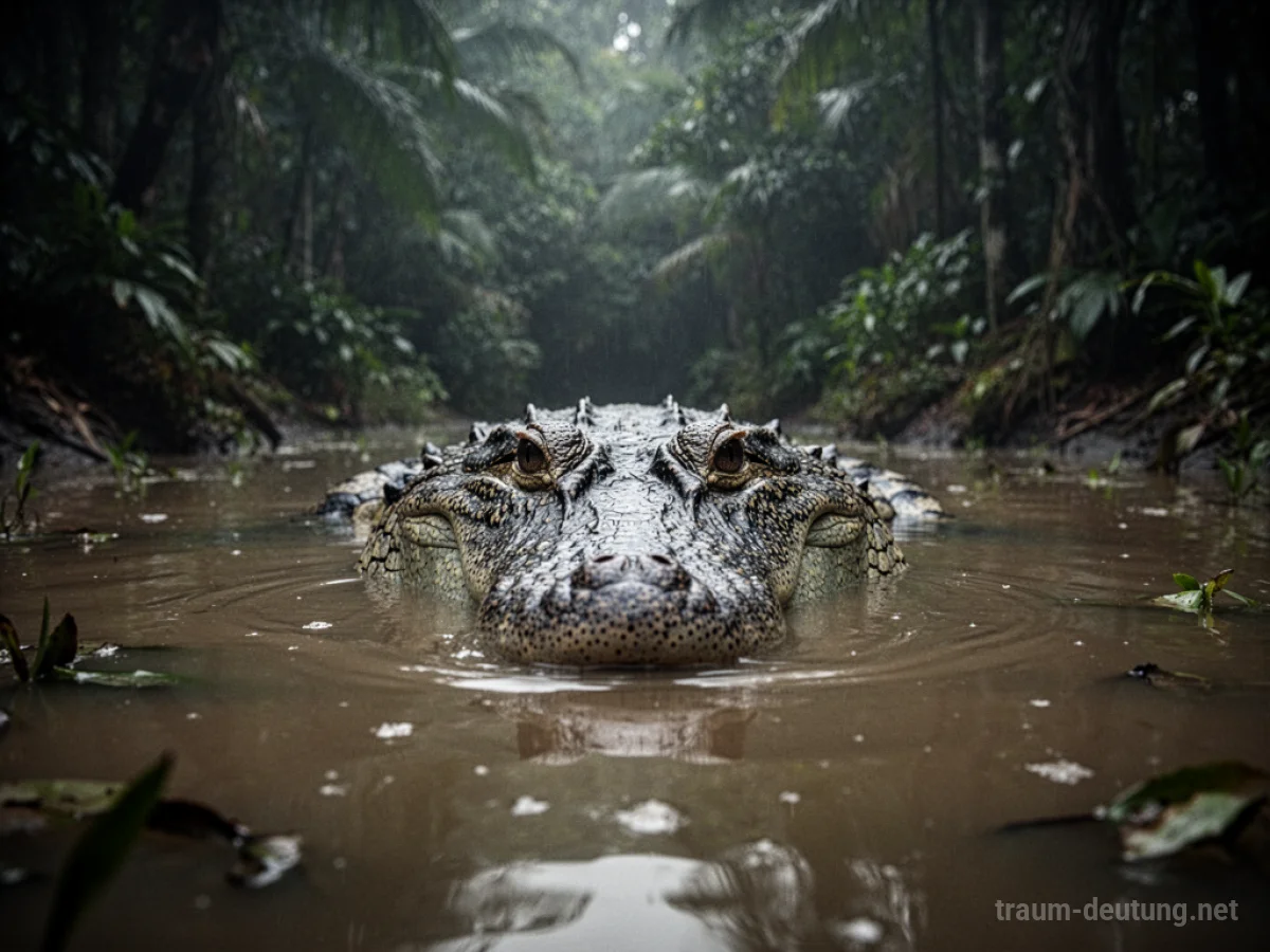 Ein großes Krokodil lauert im trüben Wasser, nur Augen und Schnauze ragen heraus.