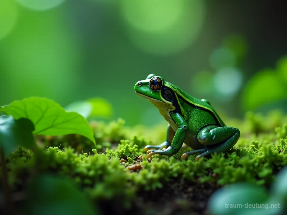 Grüne Kröte auf moosigem Waldboden, umgeben von sanftem Licht.