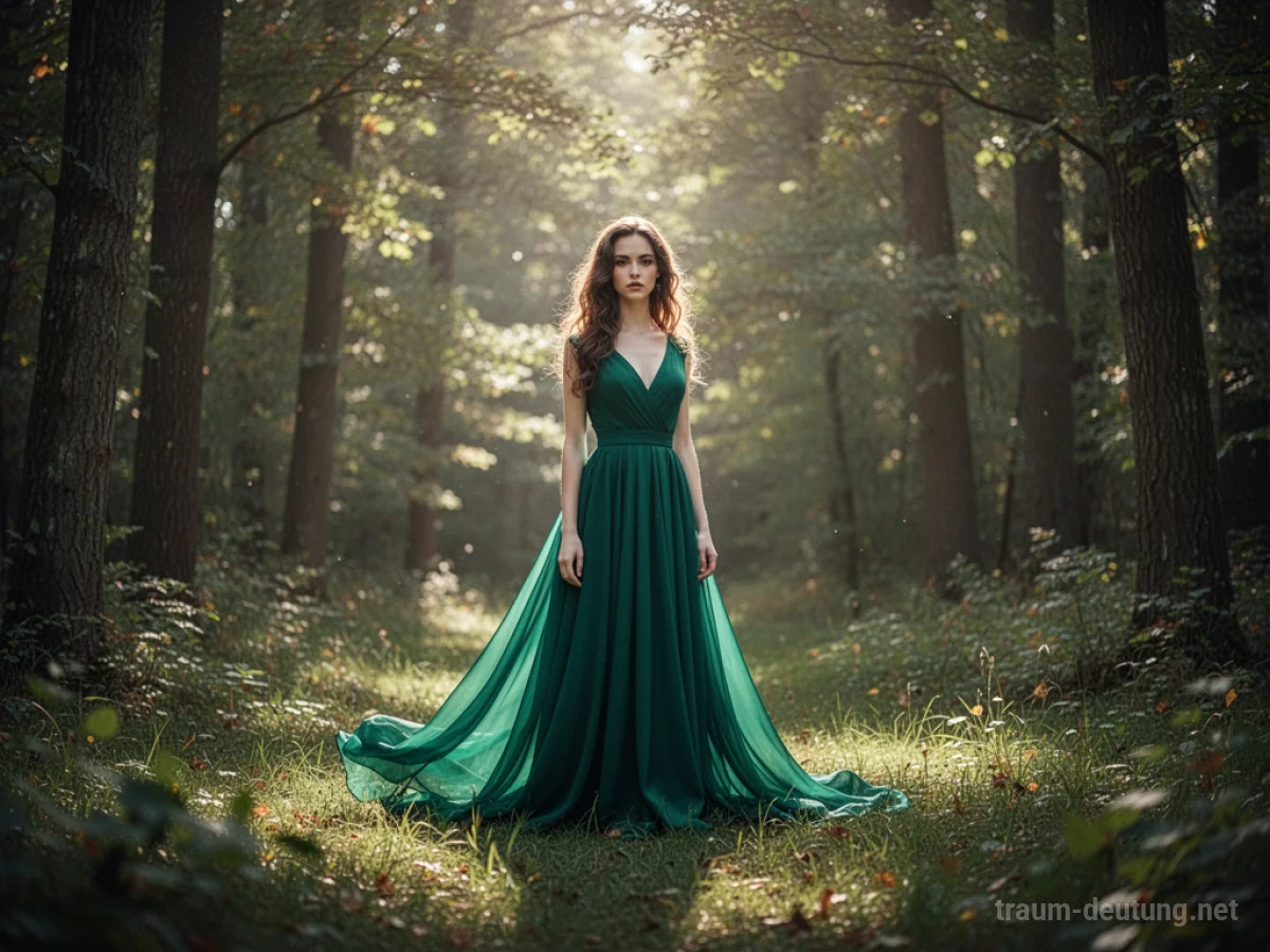 Frau trägt ein fließendes grünes Kleid in einem sonnenbeschienenen Waldlichtung.