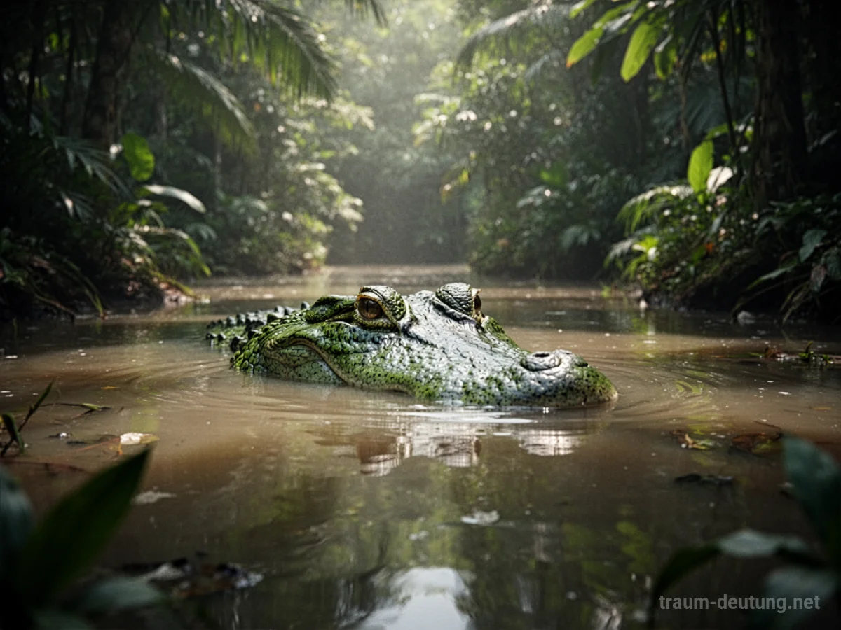 Ein grünes Krokodil im Wasser, nur Augen und Schnauze sichtbar, umgeben von Dschungelvegetation.
