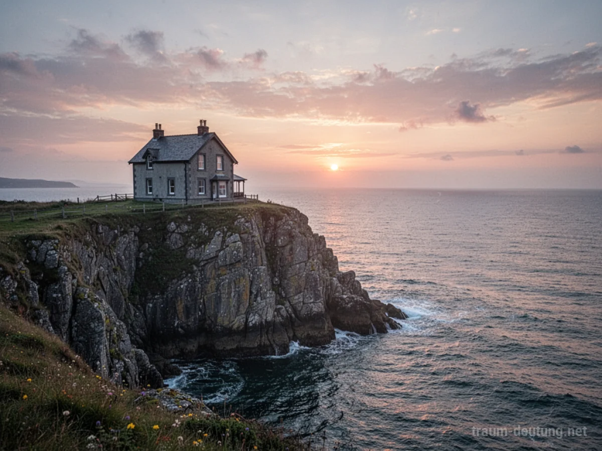 Ein Haus steht einsam an einer Küste mit Blick aufs Meer.