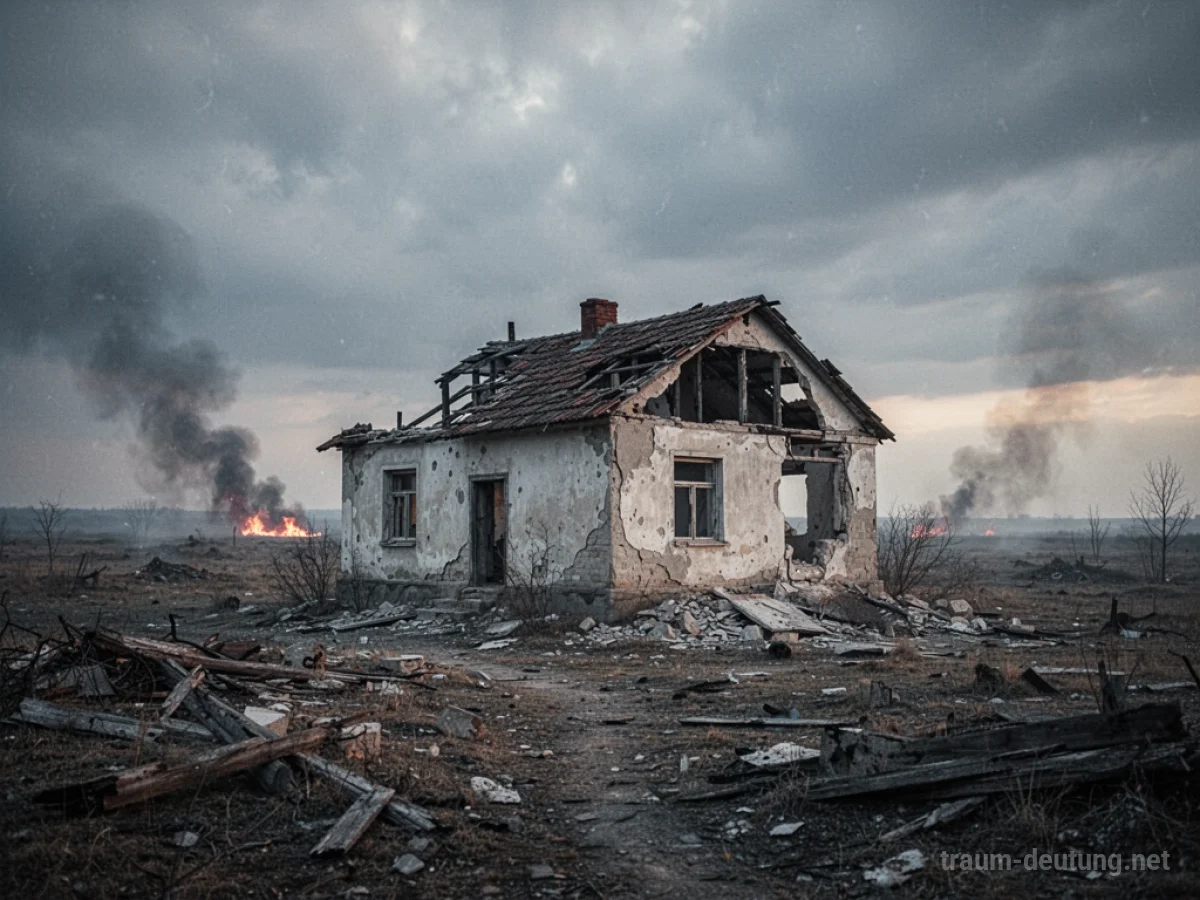 Ein zerstörtes Haus mit sichtbaren Kriegsschäden in einer trostlosen Umgebung.
