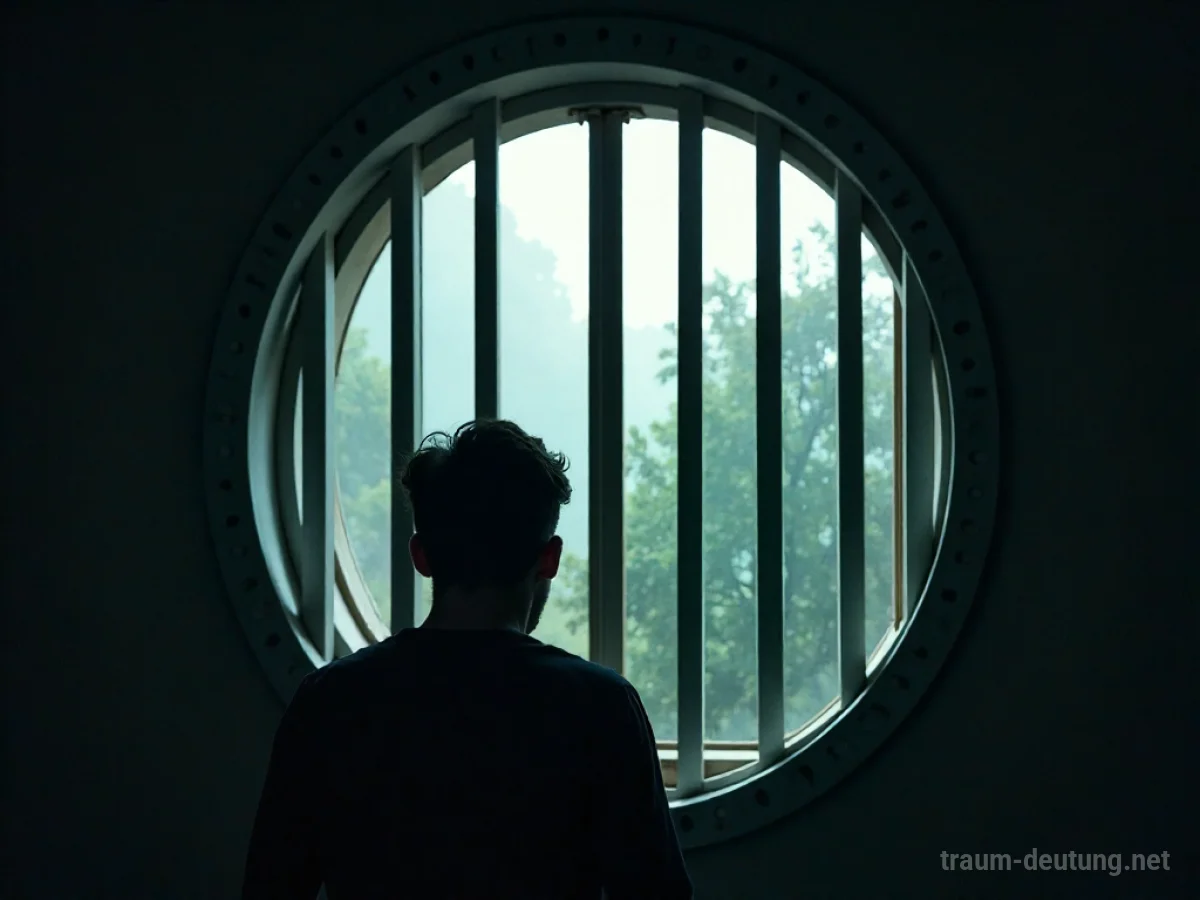 Person blickt aus einem vergitterten Fenster im Inneren eines Hauses, das wie ein Käfig gestaltet ist.