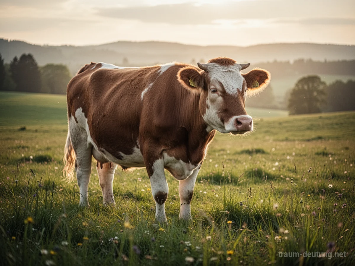 Eine friedliche Kuh steht auf einer grünen Wiese im sanften Licht.