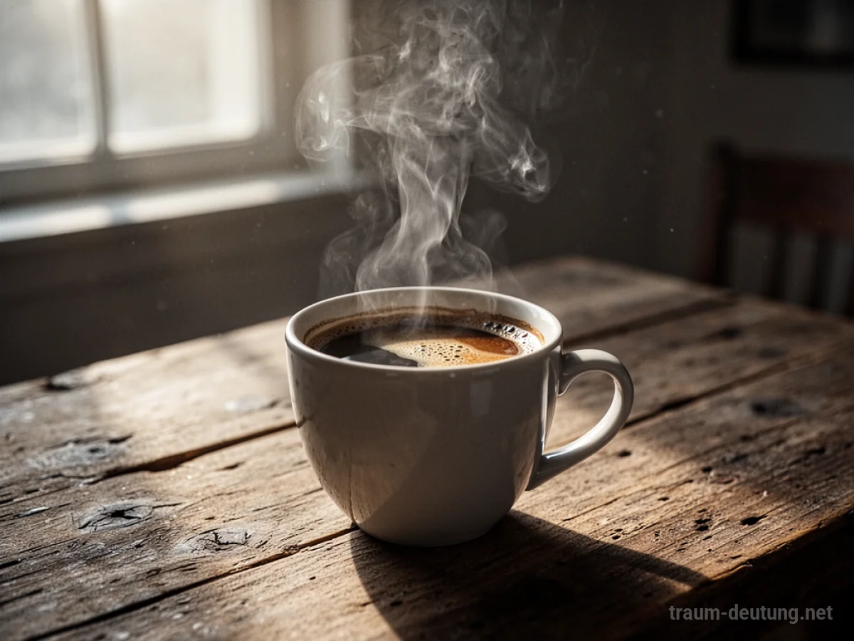 Eine dampfende Tasse heißer Kaffee steht auf einem rustikalen Tisch.