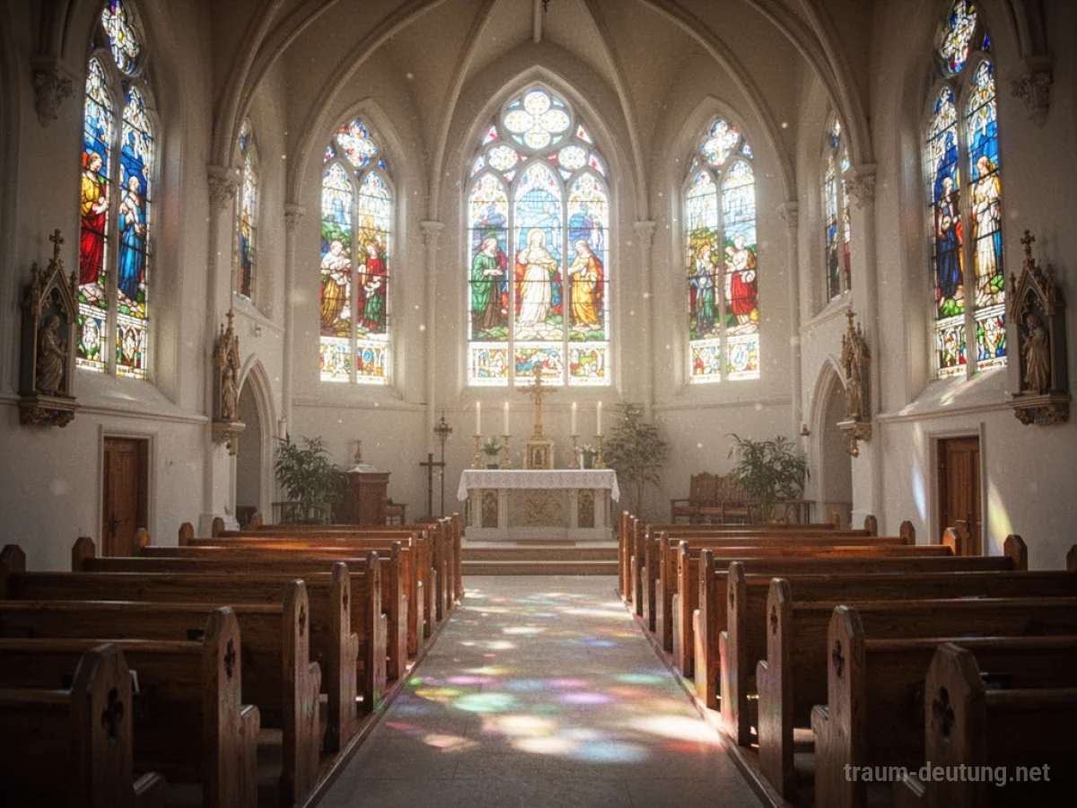 Innenraum einer hell erleuchteten Kirche mit bunten Glasfenstern