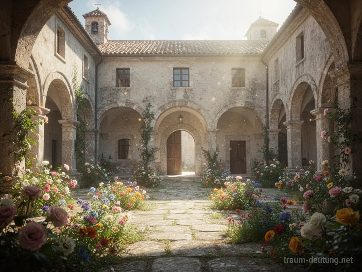 Sonnendurchfluteter Klosterhof mit blühenden Blumen