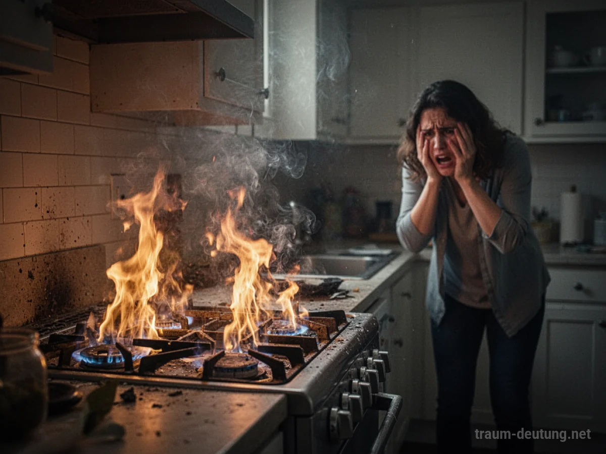 Ein Herd, aus dem Flammen schlagen, mit aufsteigendem Rauch