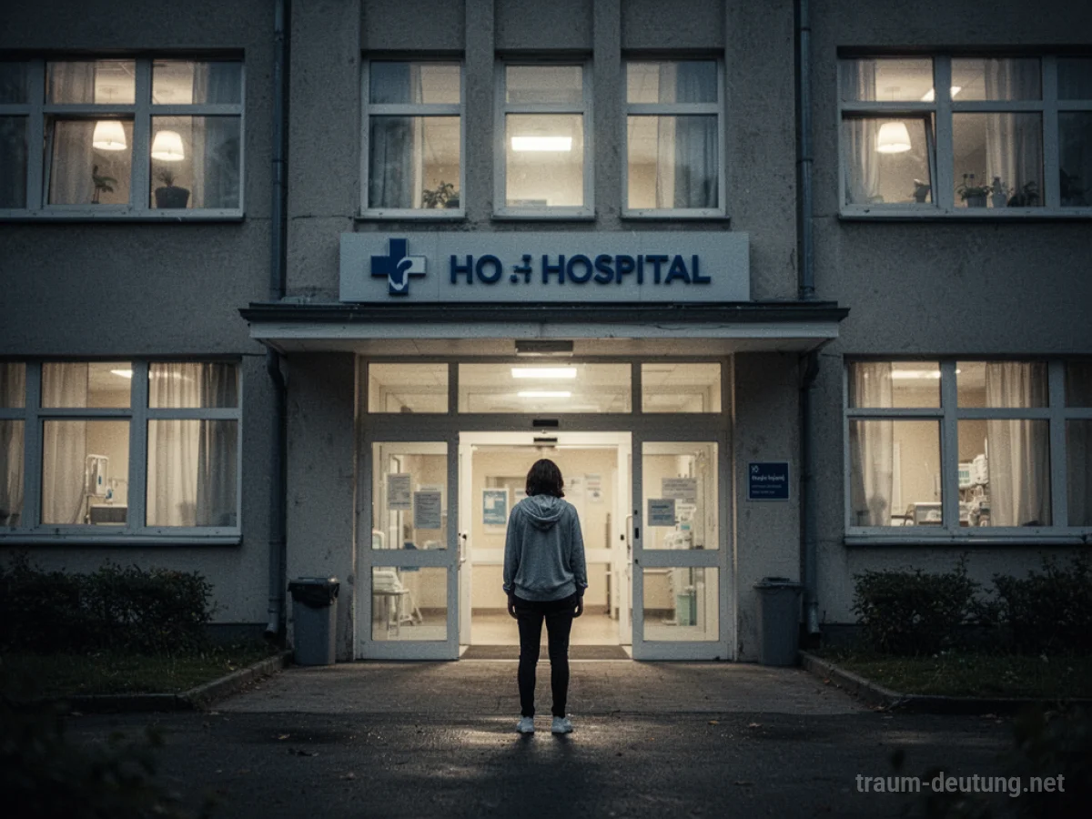 Person steht zögernd vor einem Krankenhausgebäude im Dämmerlicht.