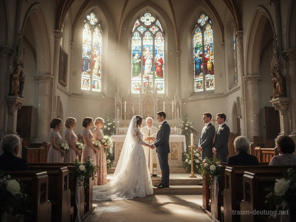 Hochzeitspaar im Altarraum einer hellen Kirche