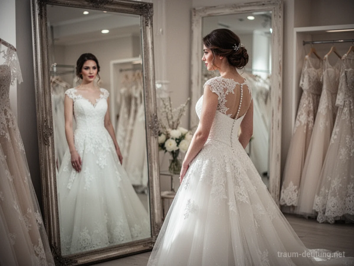Frau probiert ein weißes Hochzeitskleid vor einem Spiegel an