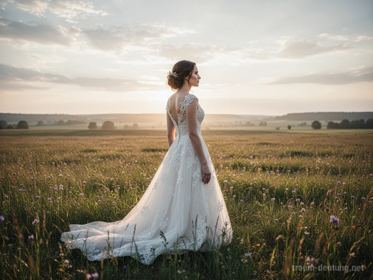 Frau in einem weißen Hochzeitskleid steht auf einem sonnigen Feld.