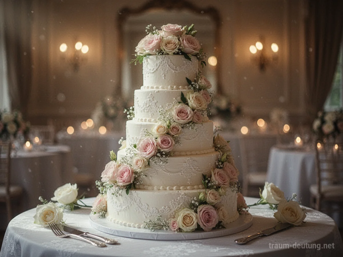 Mehrstöckige Hochzeitstorte auf einem Tisch, festlich beleuchtet.