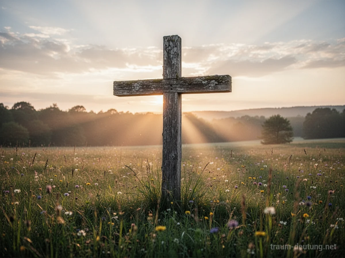 Ein hölzernes Kreuz steht auf einer Wiese im Morgenlicht.