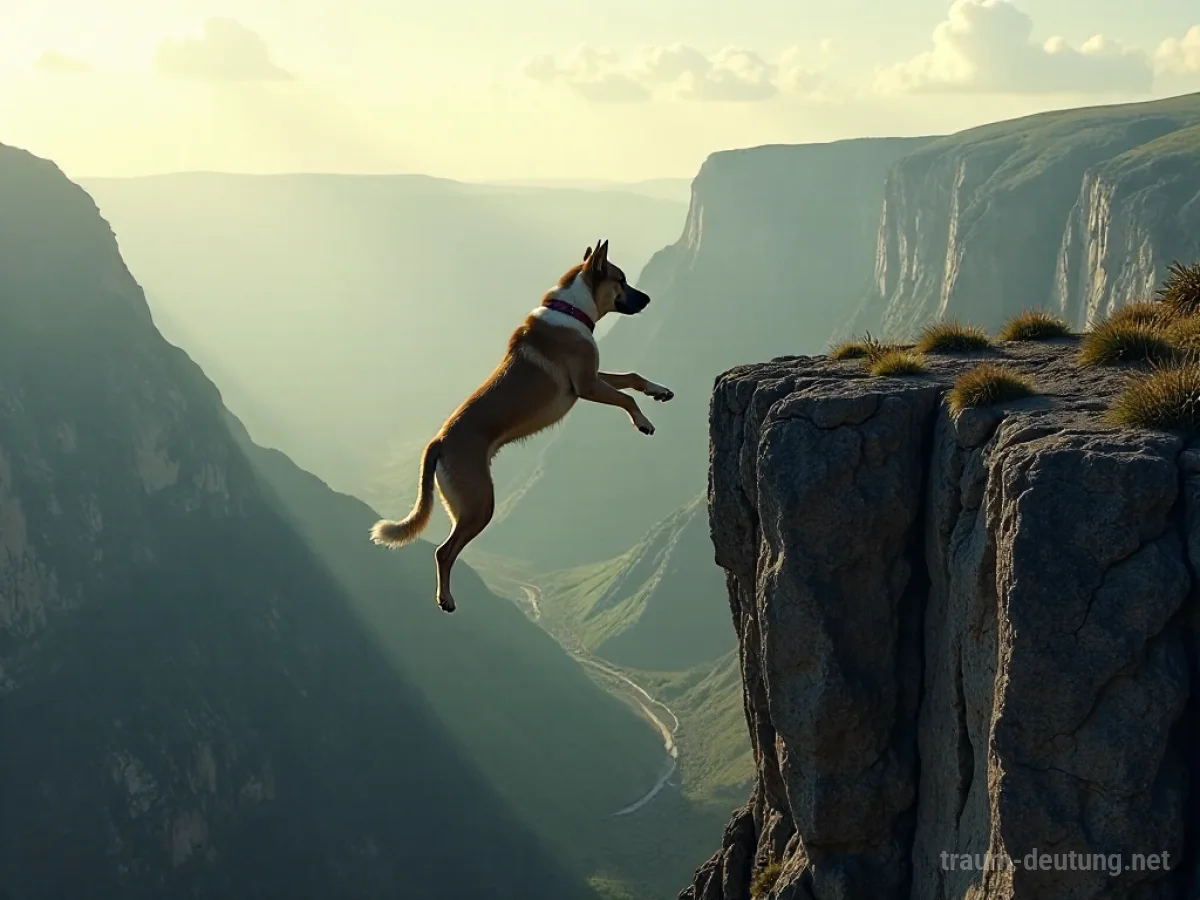 Ein Hund fällt eine Klippe hinunter in eine weite Landschaft.