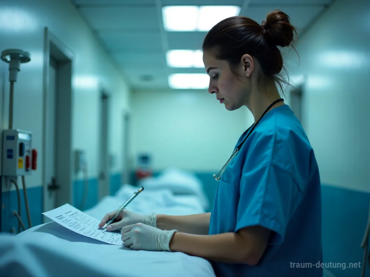 Person in medizinischer Kleidung arbeitet in einer hellen Klinikstation.