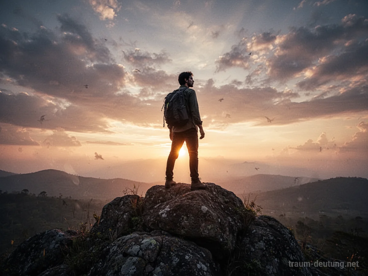 Silhouette einer entschlossenen Person auf einem Felsen bei Sonnenaufgang