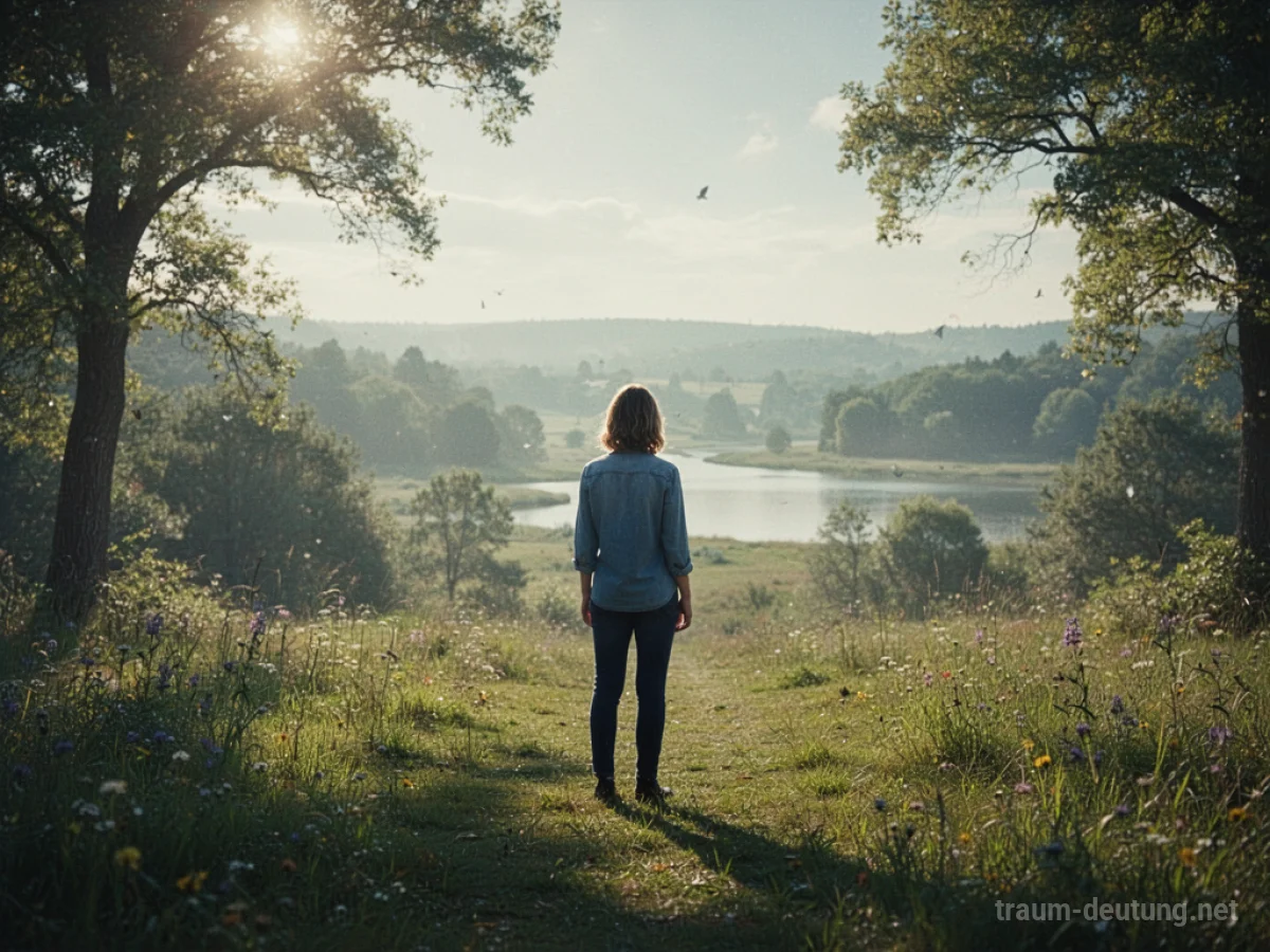 Eine Person steht im hellen Sonnenlicht und blickt in eine friedliche Landschaft.
