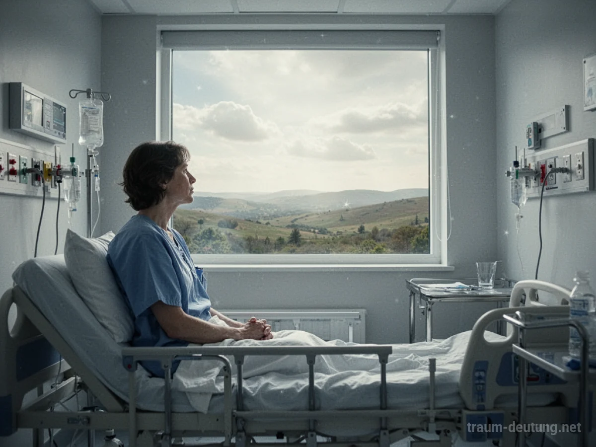 Person blickt aus dem Fenster einer Klinik auf eine ferne Landschaft.