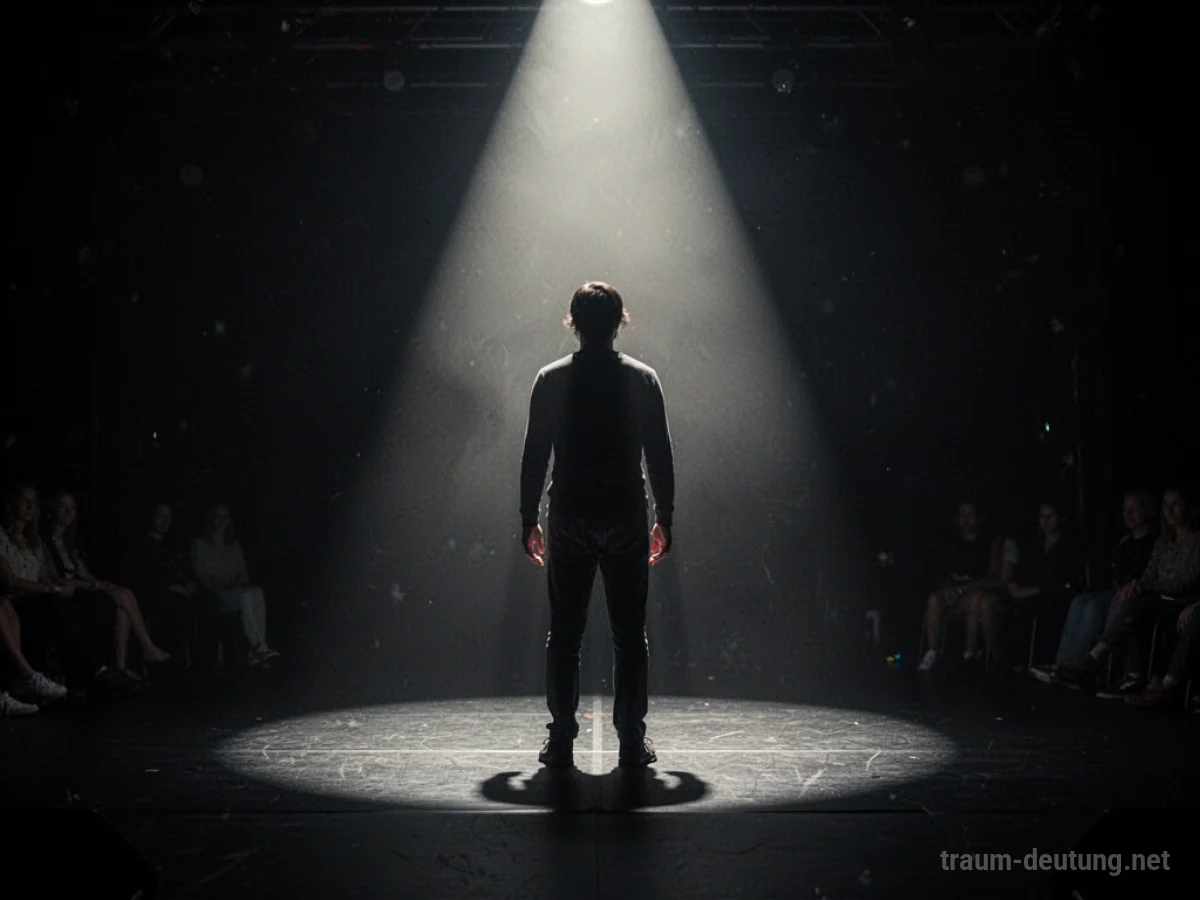 Silhouette einer Person im Scheinwerferlicht, die Nacktheit im Traum symbolisierend.