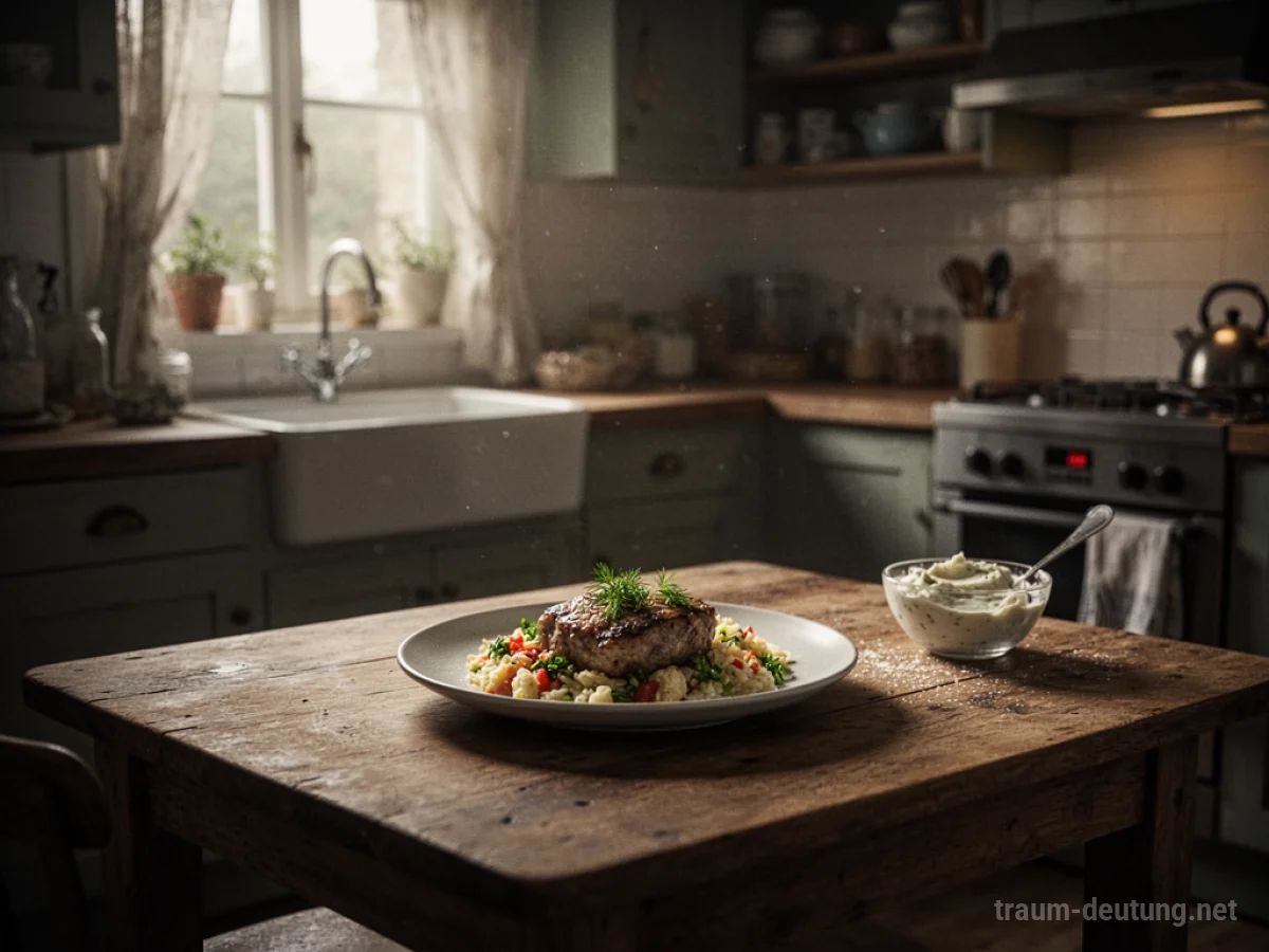 Ein Teller mit Essen steht auf einem Küchentisch im sanften Licht.
