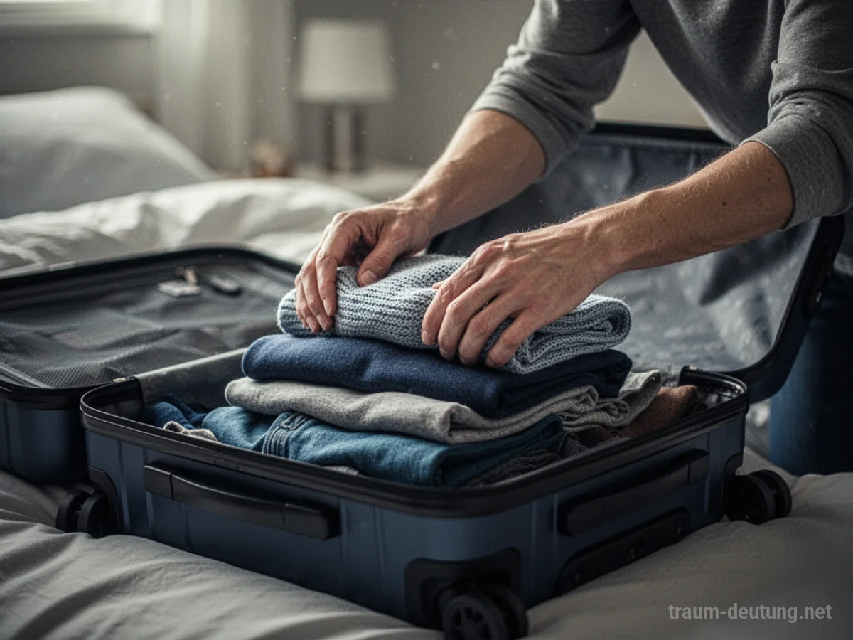 Hände packen Kleidung in einen offenen Koffer.