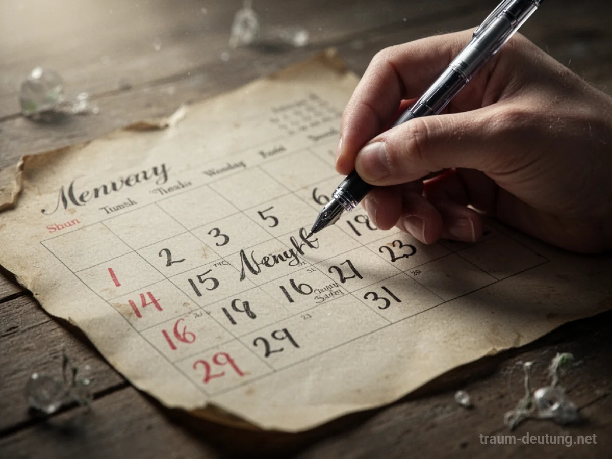 Hand schreibt Datum in einen Kalender im Traum