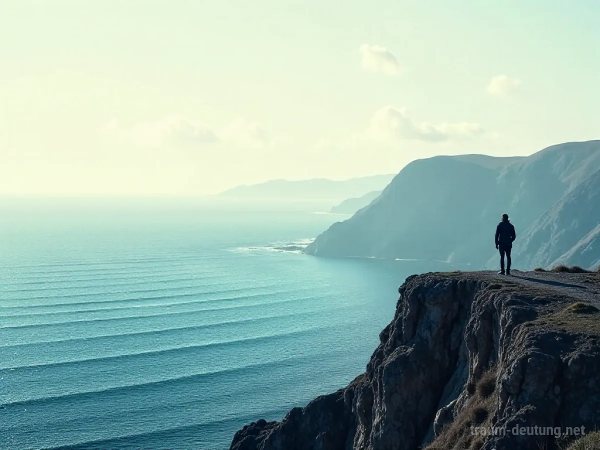 Eine Person steht an der Küste und blickt aufs Meer.
