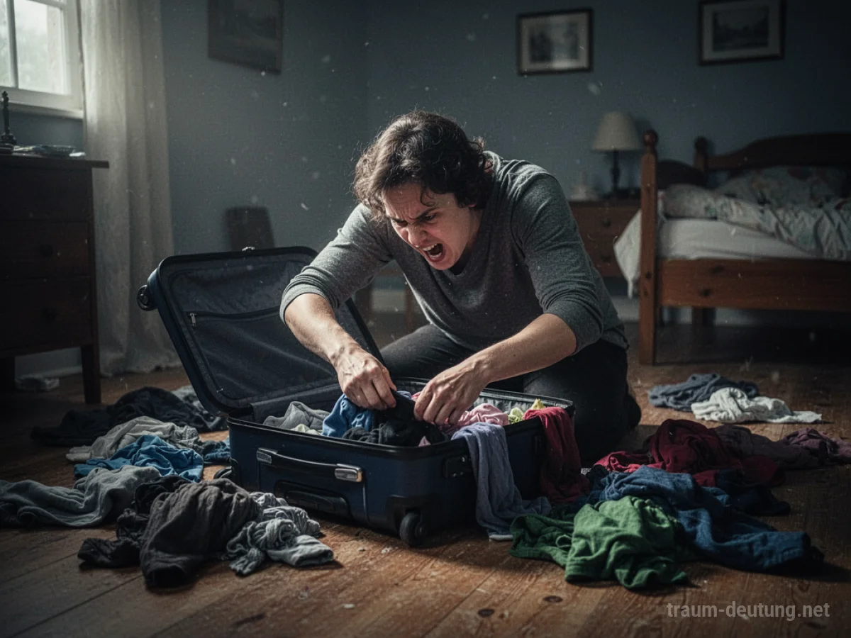 Eine Person sucht verzweifelt in einem geöffneten Koffer, Kleidung liegt verstreut.
