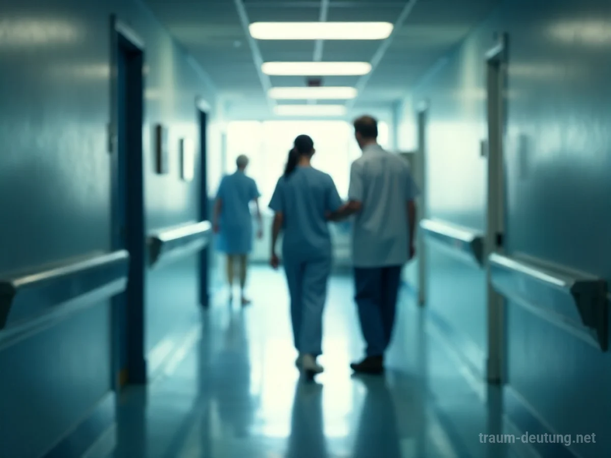 Eine Person wird in einer Klinik von schemenhaften Figuren begleitet