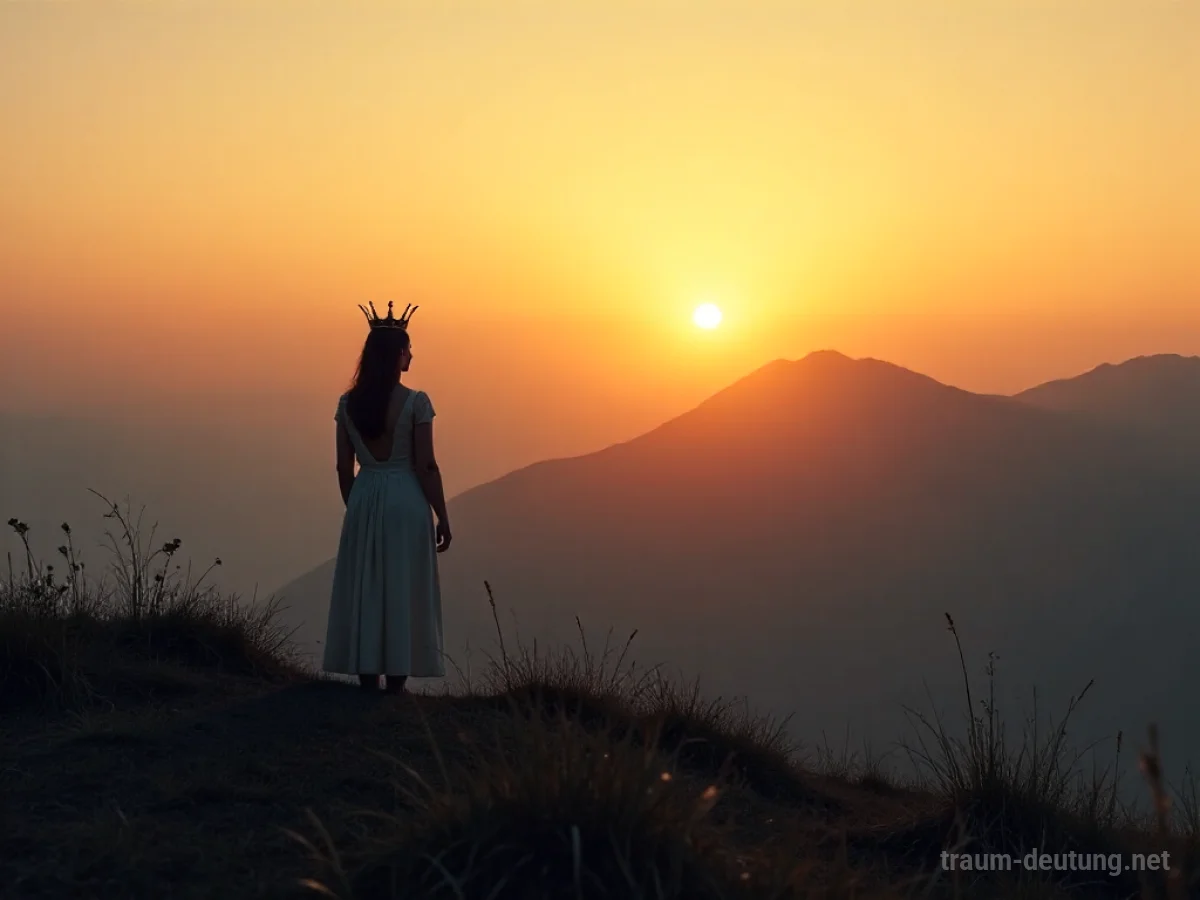 Mann mit Krone blickt auf eine weite Landschaft bei Sonnenaufgang