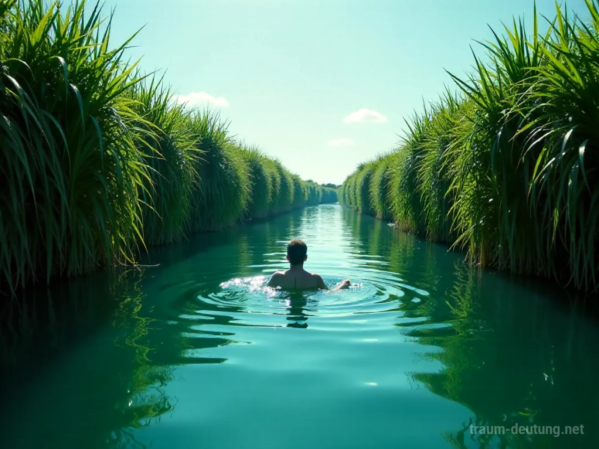 Eine Person schwimmt ruhig in einem klaren Kanal.