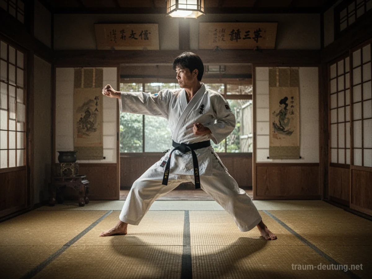Person übt Karate in einem ruhigen Dojo.