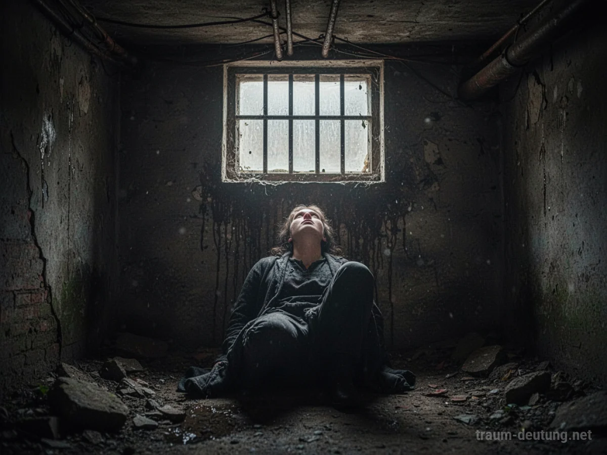 Person sitzt im dunklen Keller und schaut zu einem vergitterten Fenster.