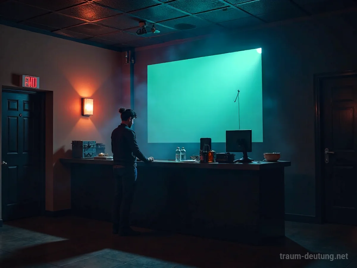 Eine Person arbeitet im Kinosaal an der Kasse, Lichtstrahl eines Projektors im Hintergrund.