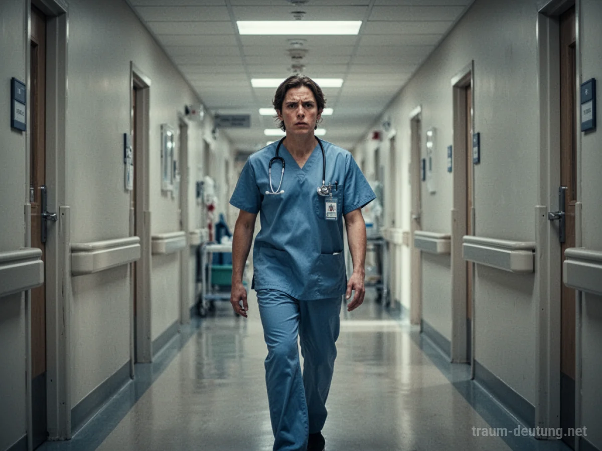 Person in Krankenhauskleidung geht durch einen Krankenhausflur.
