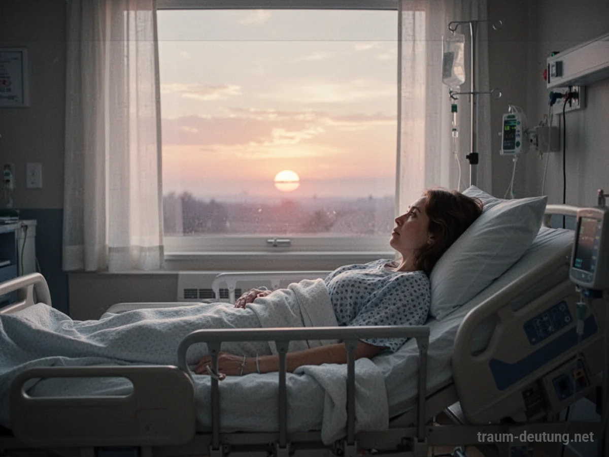 Person liegt im Krankenhausbett und blickt aus dem Fenster auf den Sonnenaufgang