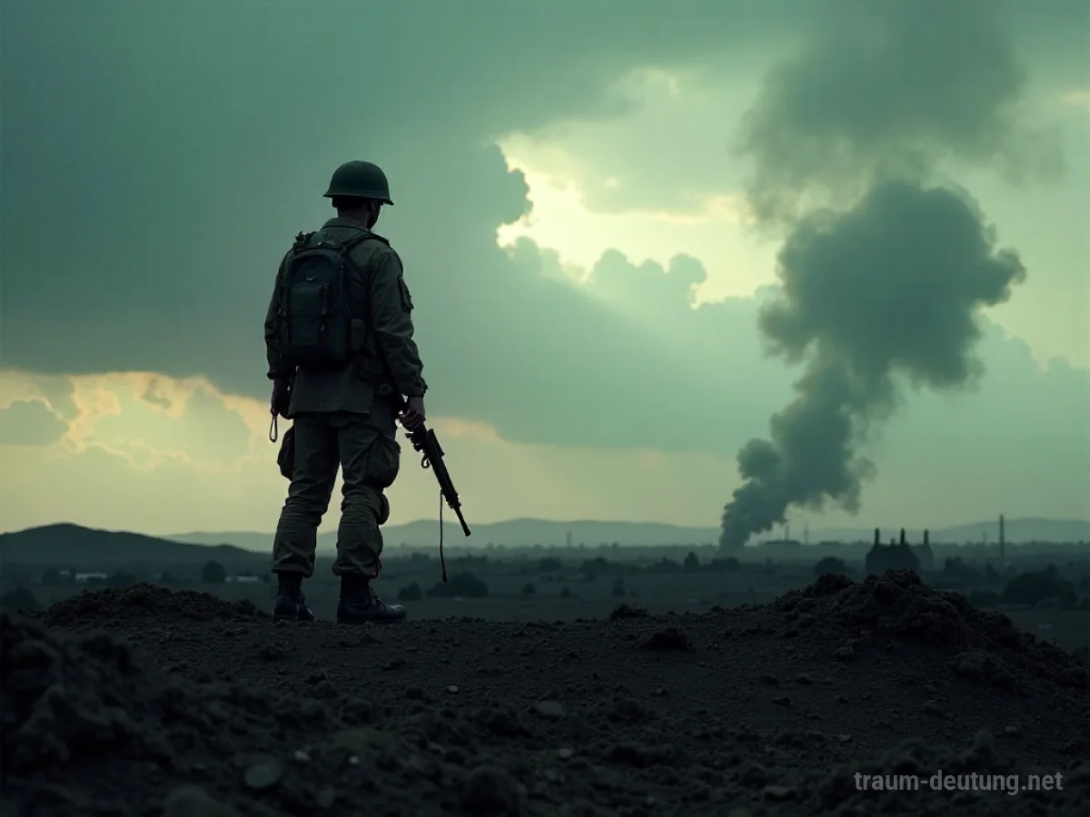 Ein einzelner Soldat steht in einer kriegszerstörten Landschaft unter stürmischem Himmel.