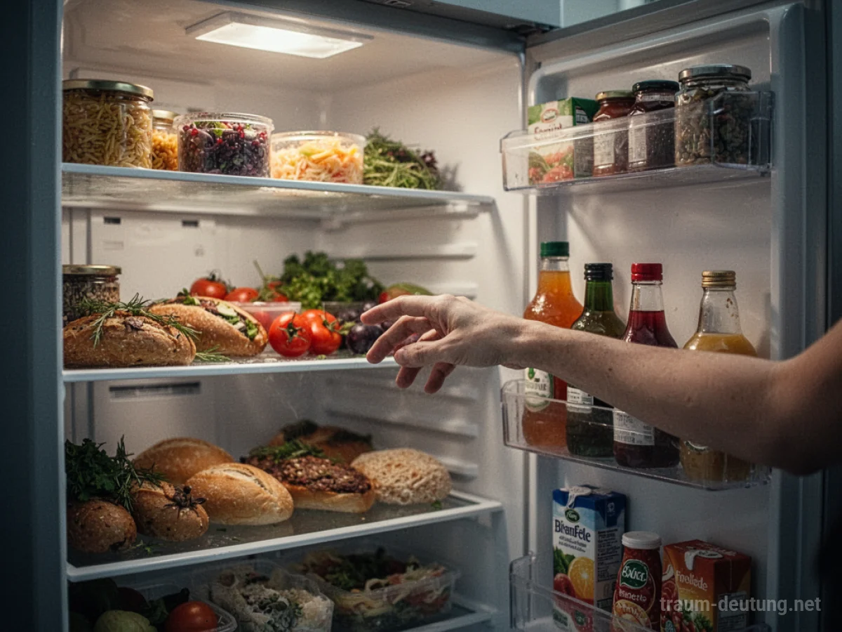 Eine Hand greift in einen offenen, hell erleuchteten Kühlschrank, dessen Regale teilweise leer sind.