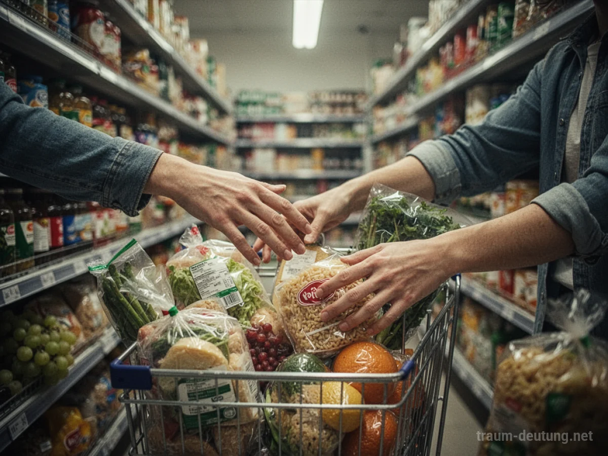 Hände greifen nach Lebensmitteln im Supermarktregal.