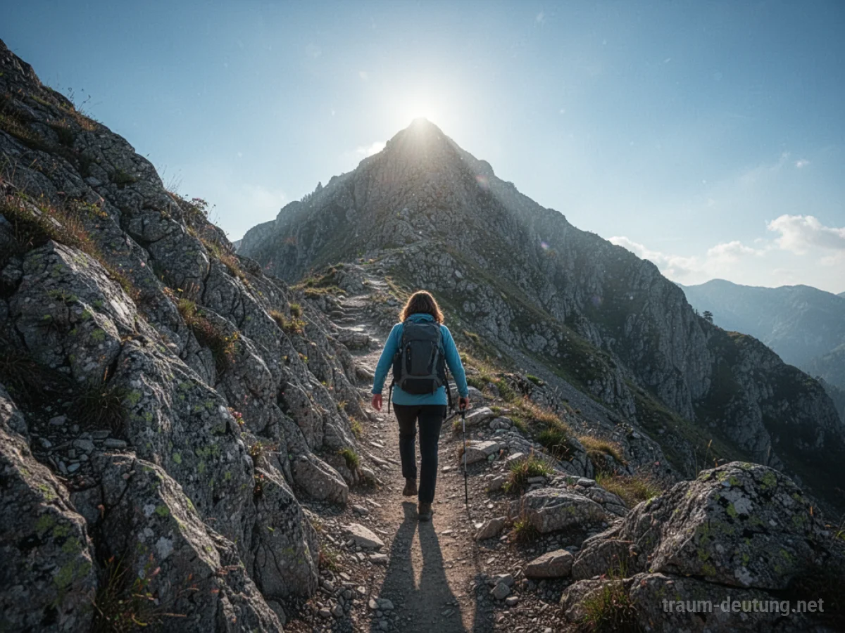 Eine Person klettert einen steilen Bergpfad empor zum Gipfel.