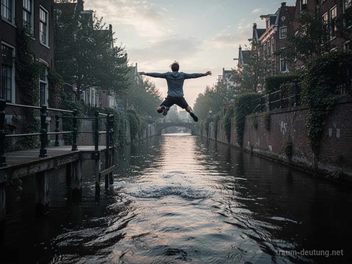 Person springt von einer Kante in einen dunklen Kanal.