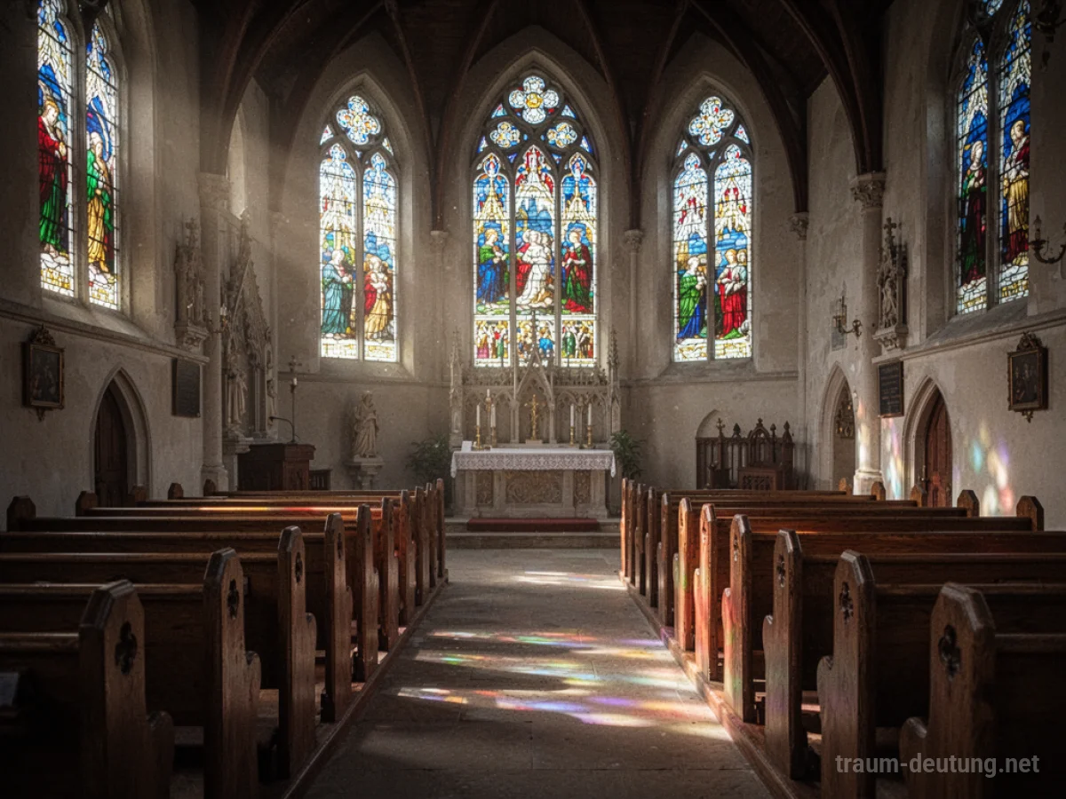 Innenansicht einer Kirche mit Buntglasfenstern und Holzbänken