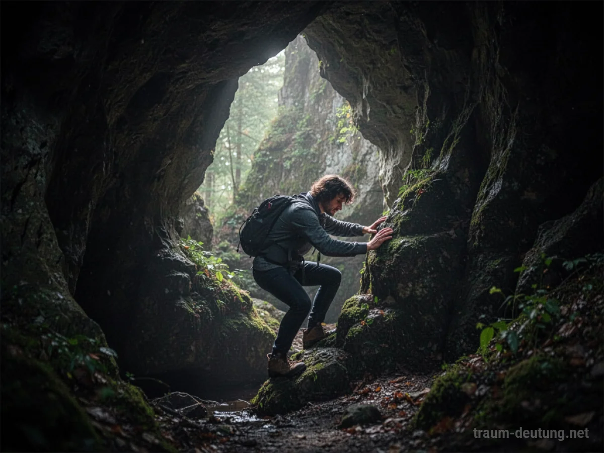 Person klettert in eine dunkle Höhle, Eingang beleuchtet.
